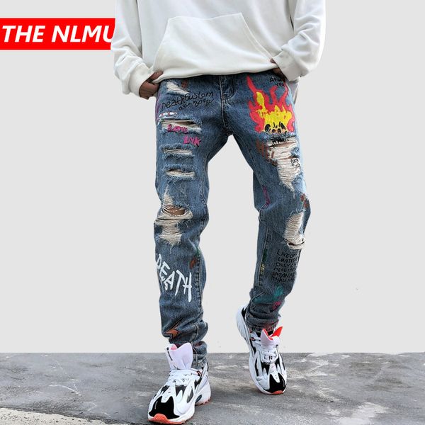 

new skinny jeans men streetwear destroyed ripped jeans homme hip hop broken graffiti print pencil biker denim pants hole gm478, Blue