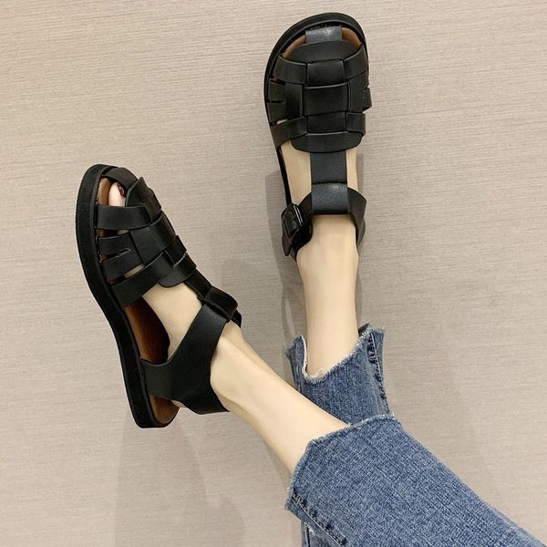 

2020 sandals clear heels buckle all-match flat summer shoes woman suit female beige breathable women's flower heeled ladies, Black