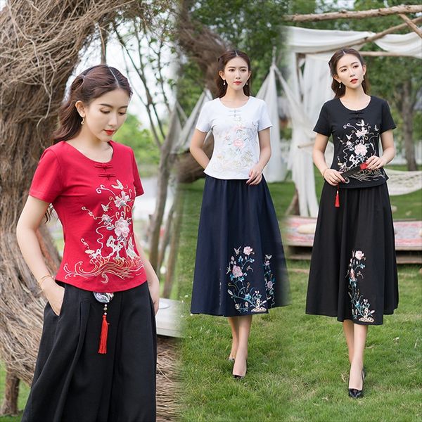 

2020 summer clothes ethnic style embroidered short-sleeved round collar cotton t-shirt national cotton t-shirt female, White
