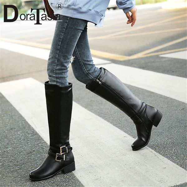 

doratasia plus size 33-47 new snow boots women fashion belt buckle ladies chunky heel shoes woman winter warm fur boots 2019, Black