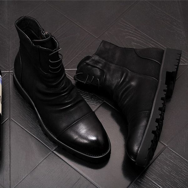 

fall winter new men black office boots british pointed toe lace up pleated trending ankle boots for man high shoes 44