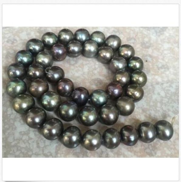 

fvf stunning 10-11mm round tahitian black green multicolor pearl necklace 18inch 14k, Silver