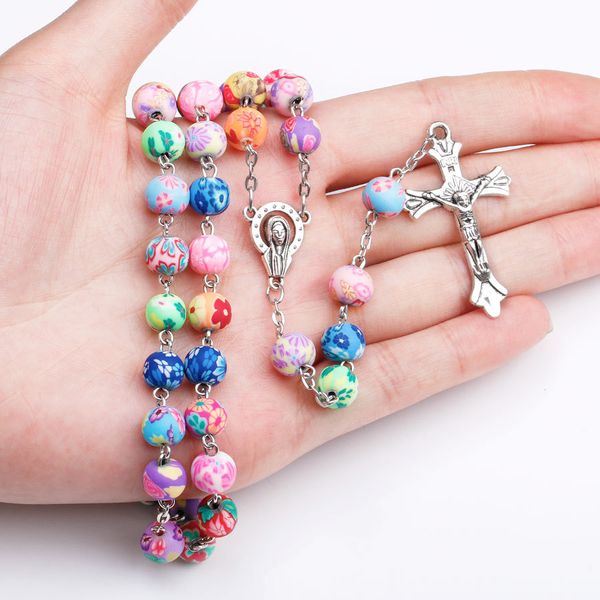 

new religion cross pendant rosary necklaces for women colorful soft pottery beads long chain virgin mary jewelry, Silver