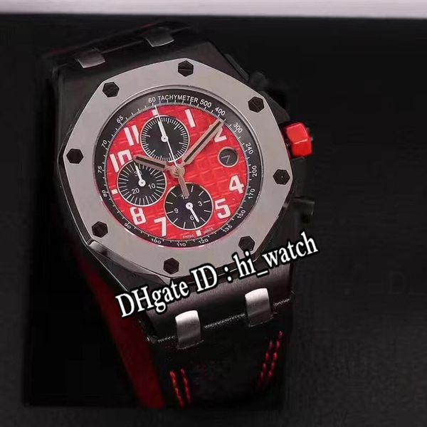 

royal 26470 japan quartz chronograph mens watch pvd steel silver bezel red texture dial black subdial black leather red line hi_watch h05c3, Slivery;brown