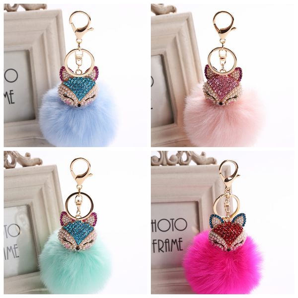

fox head pendant key chain large rabbit fur ball plush trinkets rhinestone pendant hanging bag car key chain key ring toy gift jewelry, Black