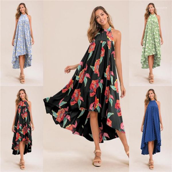 

irregular swing fashion print dress womens summer designer print dress sleeveless open back halter, Black;gray