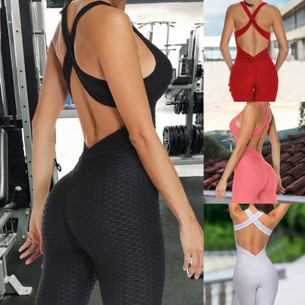 

fit women summer sports set siamese high waist hips trousers halter backless bandage yoga jumpsuit fitness tracksuit, White;red