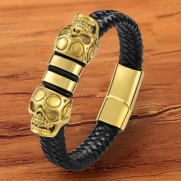 

punk charm braided woven black jewelry black genuine gold skull men bracelet leather magnetic skull skeleton band gift, Golden;silver