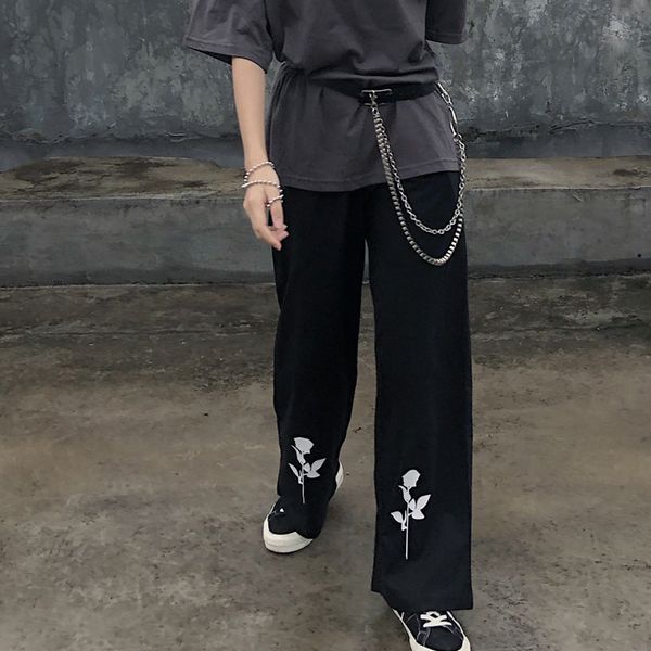 

pants women rose print harajuku trousers loose straight casual high waist elastic waist aesthetic pants korean couples clothing, Black;white