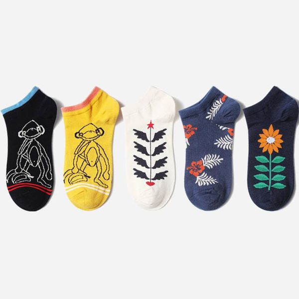 

new design cotton socks women men print flower funny socks casual breathable short happy invisible summer lover's sock, Black;white