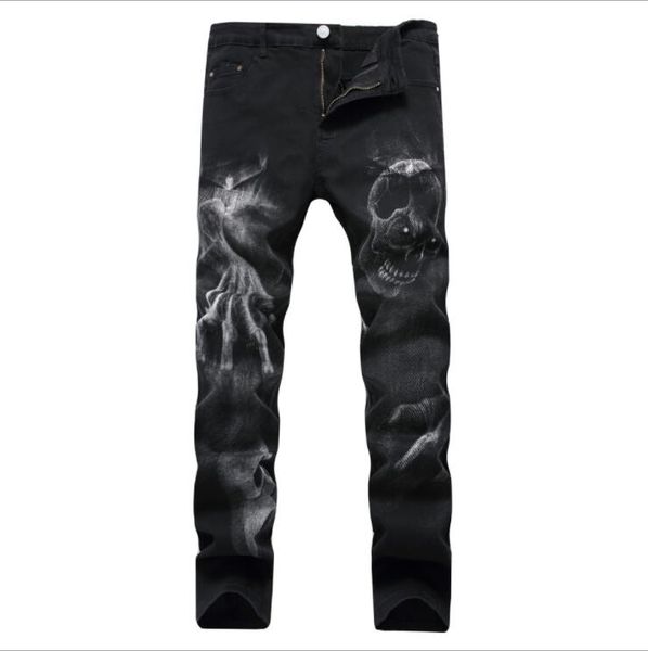 

fashion men jeans autumn and winter men's printed black stretch jeans headwear casual slim large 3d patterned trousers, Blue
