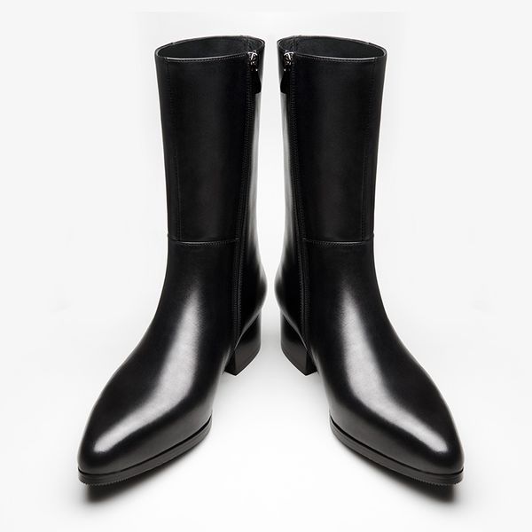 

autumn winter new mens genuine leather boots high heels fashion pointed toe zip inside plush warm men boots cowboy boot, Black