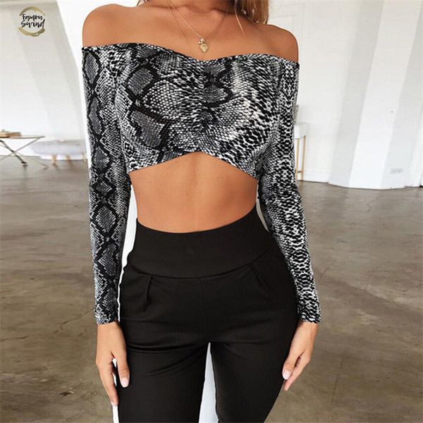 

ladies new blouse off shoulder cropped tank women snake skin print crop ladies streetwear basic tees camis 2019, White