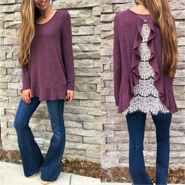 

solid color round collar slim t-shirt lace stitching lace back split irregular t-shirt top, White