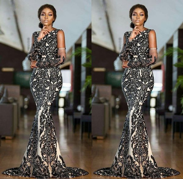 

2019 Mermaid Evening Dresses Sequined Black Girls Prom Dress Long Sleeve Evening Gowns Plus Size robe de soiree Abendkleider