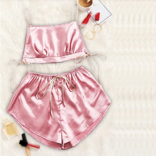 

women's sleepwear plus size pijama mujer satin lace lingerie pajamas sets solid silk camisole shorts pajama bowknot babydoll summer, Black;red