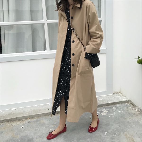 

new spring autumn women's casual long trench coat solid black and khaki color windbreaker for women korean cloak femme clothes, Tan;black