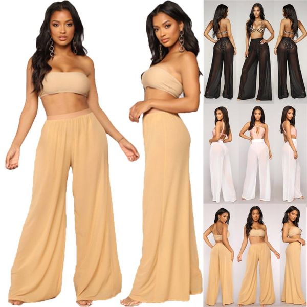 

женская мода сплошной цвет see through boho широкие брюки с высокой талией пляж длинные свободные сетчатые прозрачные брюки, Black;white