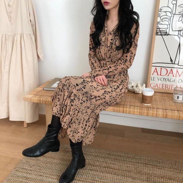 

2019 white chiffon dress korean floral printing ruffles midi dress pleated hem elegant party vestidos, Black;gray