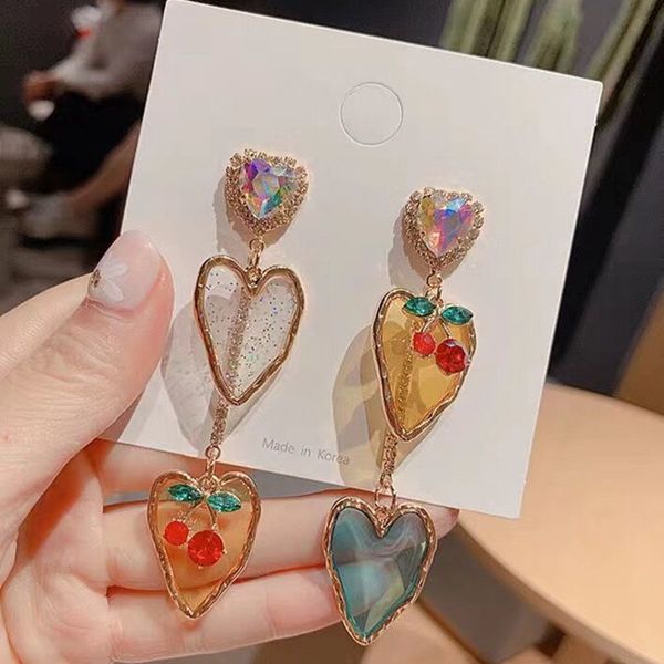 

mengjiqiao new korean elegant acrylic heart cherry drop earrings for women girls shiny crystal holiday pendientes mujer moda, Silver