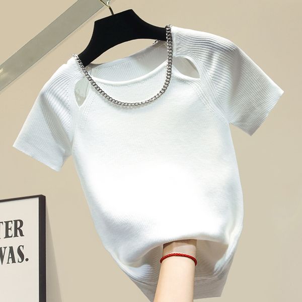 

knitted t-shirt for woman black white short sleeve t-shirt female summer fashion top