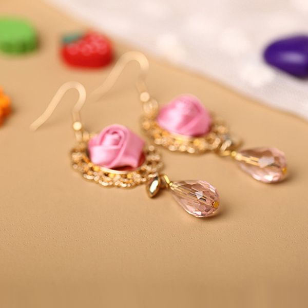

women fashion gold plated red satin rose flower dangle earrings jewelry, Golden