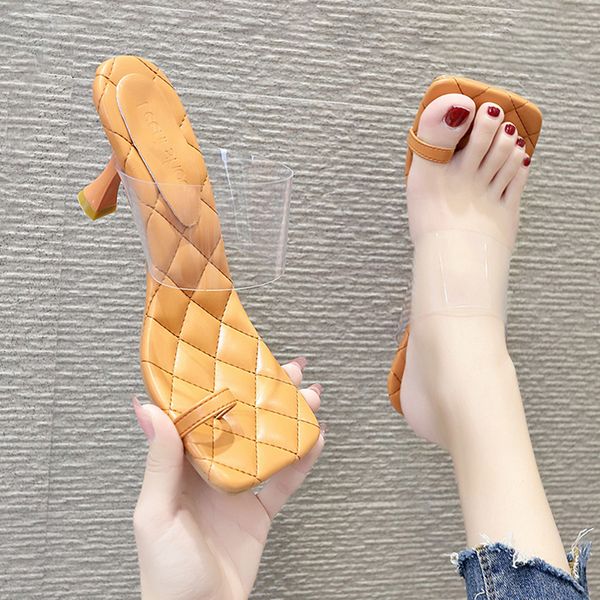 

transparent slippers thin heels female shoes slides heeled mules rubber flip flops fashion 2020 soft high hawaiian pu, Black