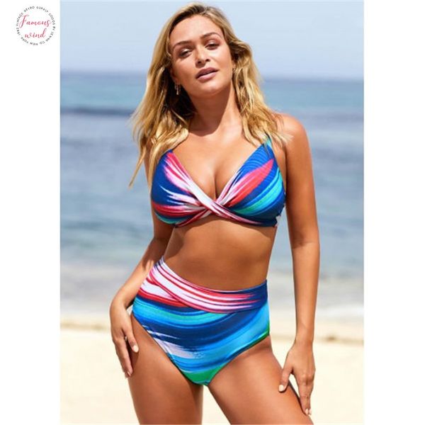 

2020 large size xl to 5xl swimsuit printed band waist straps bikini set high waisted striped swimwear female bikinis big, White;black