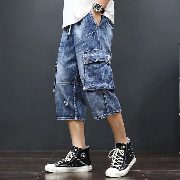 

classic men`s denim cargo shorts elastic waist drawstring multi-pockets ripped street style hip hop jeans short pants for male, Blue
