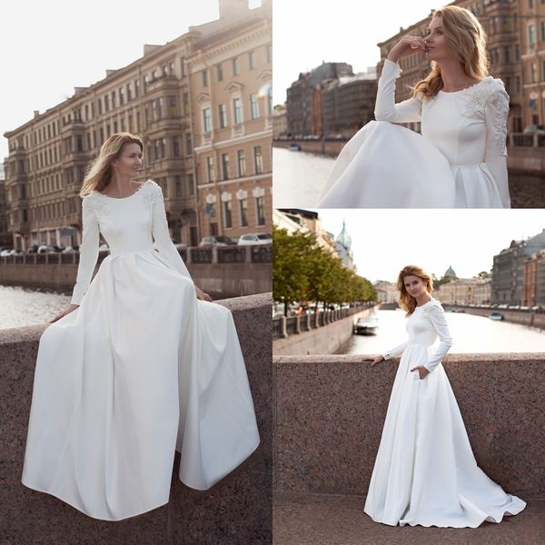 

2020 elegant satin wedding dresses jewel neck appliques pearls a line beach wedding gowns custom made country garden vestidos de novia, White