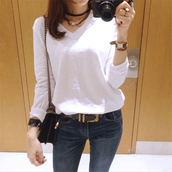 

autumn v-neck long sleeve t- pullover women's bamboo cotton linen simple pullover t-shirt loose slim base shirt women's top, White