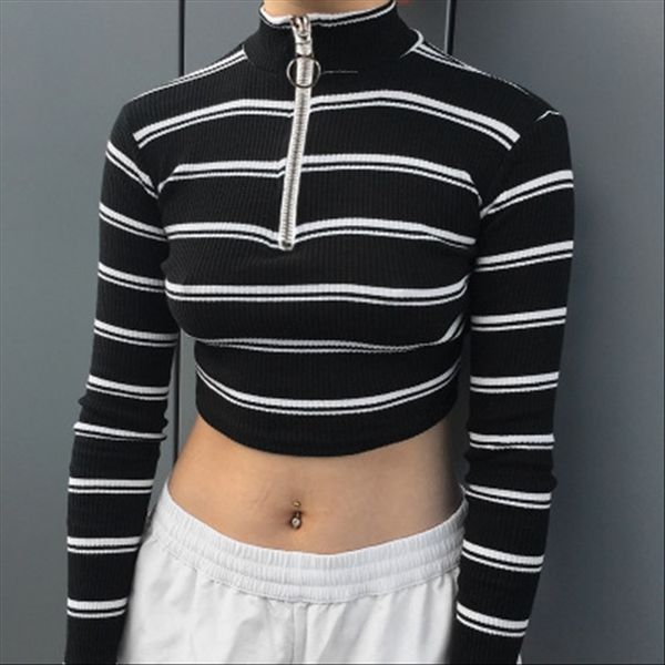 

high collar long sleeve short striped women's high collar zipper zipper long sleeve short striped women's, White