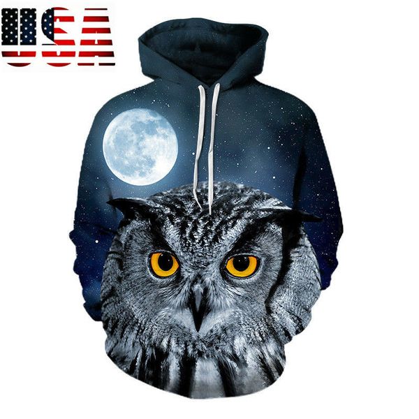 

2019 animal men women owl under the moon 3d pullover hoodie men women sweatshirt hooded jumper jacket sweatshirt hoody hip hop a588, Black