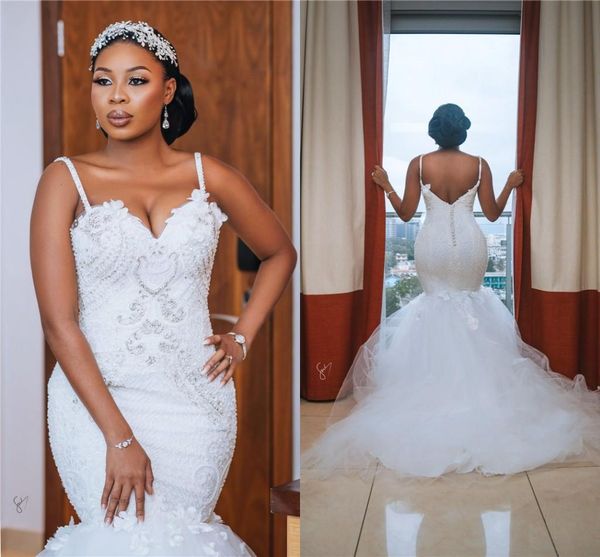

luxury spaghetti mermaid wedding dresses full lace applique open back plus size african chapel train bridal gowns, White