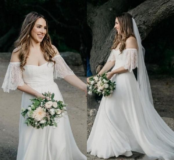 

summer beach bohemian wedding dresses western garden forest bride wedding gowns off shoulder short sleeves a line chiffon robe de mariee, White