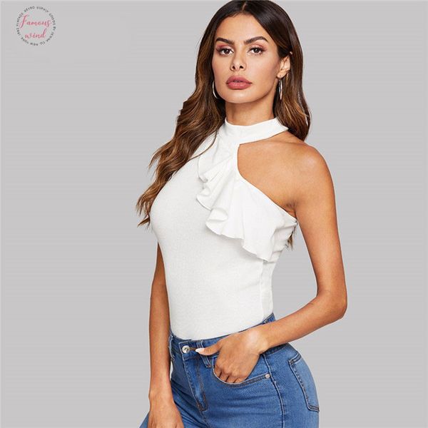 

white ruffle detail asymmetrical neck solid summer women cold shoulder stretchy slim fit highstreet camis