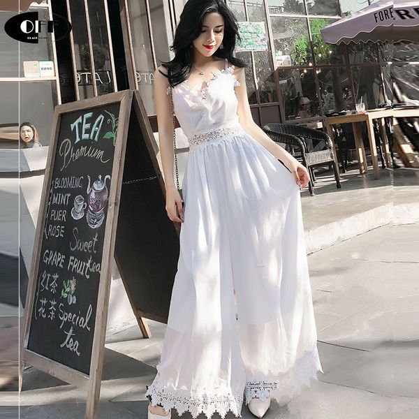 

women's jumpsuits & rompers summer women beach deep v-neck long chiffon bohemian spaghetti strap backless loose wide leg lace jumpsuit, Black;white