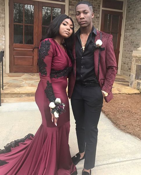 

2019 new maroon mermaid prom dress long sleeve appliqued evening formal party gown plus size african dresses custom made, Black