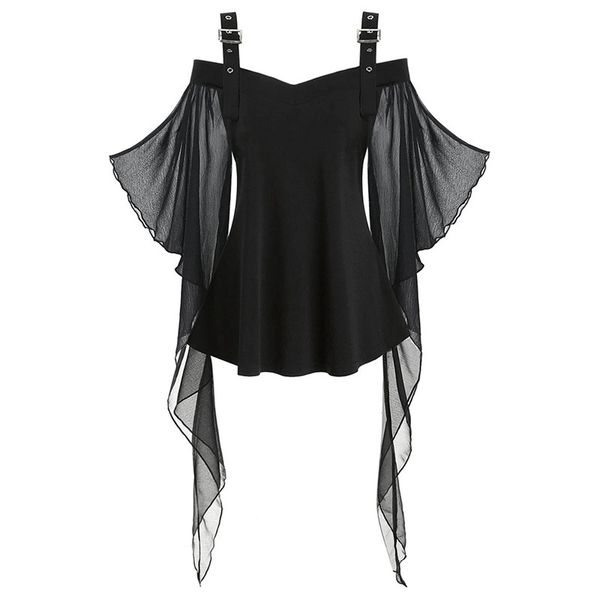 

women's t-shirt butterfly sleeve women halloween punk hip hop clothes gothic criss cross lace insert e20, White