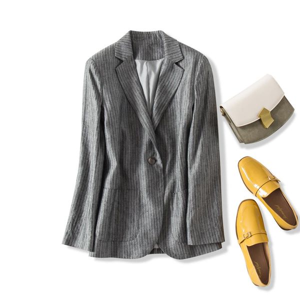

spring and autumn women new arrival suit jacket one button turn-down collar tencel linen striped casual blazer s5, White;black