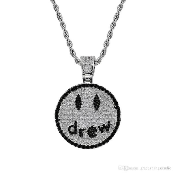 

iced out smile face drew pendant necklaces men luxury designer mens bling diamond emoji pendants justin bieber same letter necklace jewelry, Silver