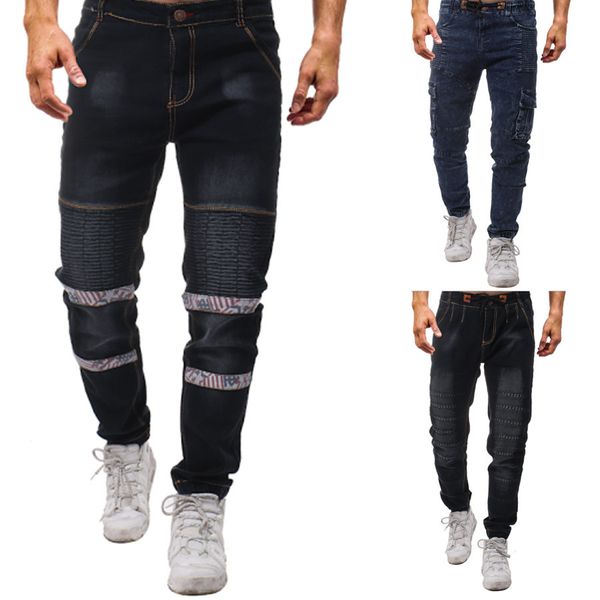 

ebay2018 new style men fashion floral joint pleated retro elastic waistband slim fit jeans fashion 7437, Blue