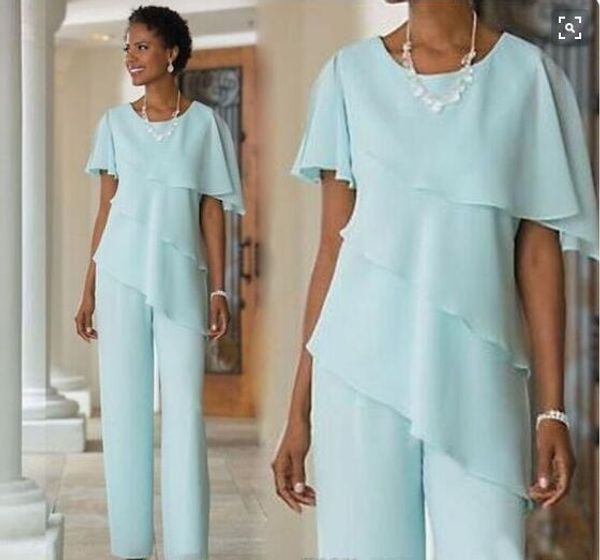 2020 New Sky Blue Mother Calças Suits Wedding Guest Dresses Vestidos Crew Chiffon Mangas Curtas Camisetas Mãe de Noiva Pant Ternos com Calças