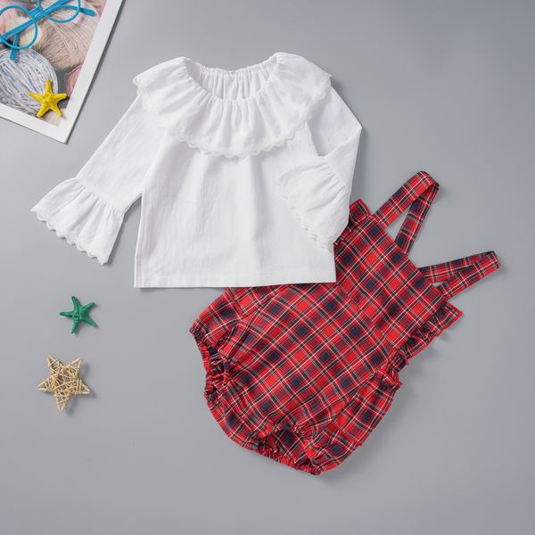 

fashion girls cotton flare sleeve ruffle blouse ruched bottoms plaid infant baby girl clothing kids clothes set 2pcs 3-24m, White