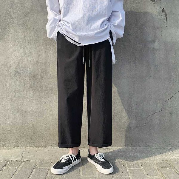 

men's pants summer loose casual pants men's hong kong wind straight drop feet wide legs ankle-length thin western, Black