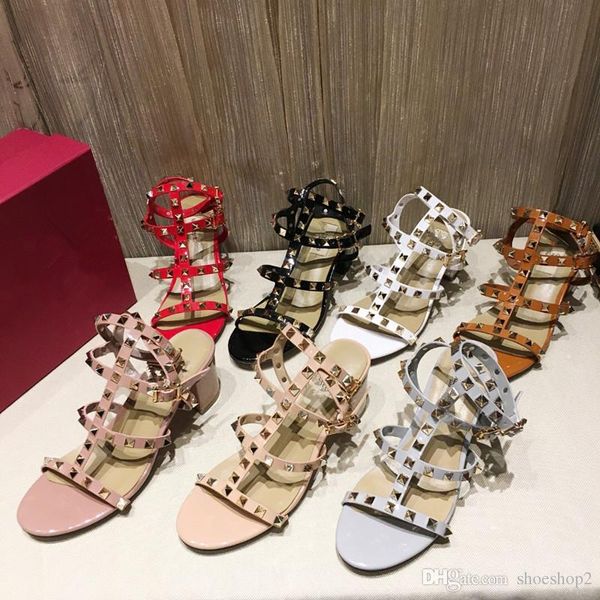 

2019 design leather women stud sandals slingback pumps ladies high heels 6.5cm fashion rivets shoes 7 colors, Black