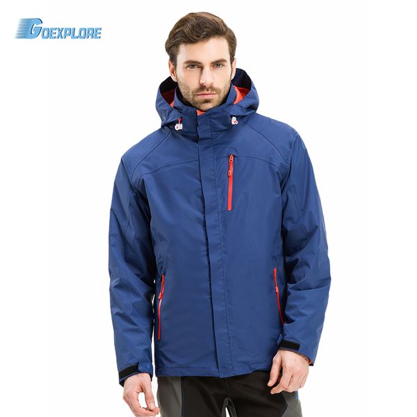 

goexploe winter jacket male camping hiking mountain outdoor outerwear coat thicken warm waterproof windproof jacket for men, Blue;black