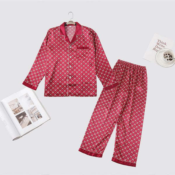 

men satin pajamas set spring new long sleeve 2pcs sleepwear casual nightwear printed home clothes turn-down collar piajams, Black;brown