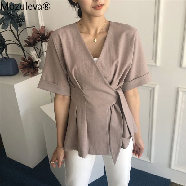 

women's blouses & shirts mozuleva summer v-neck solid fashionable korean style casual irregular lace up 2021 femme, White
