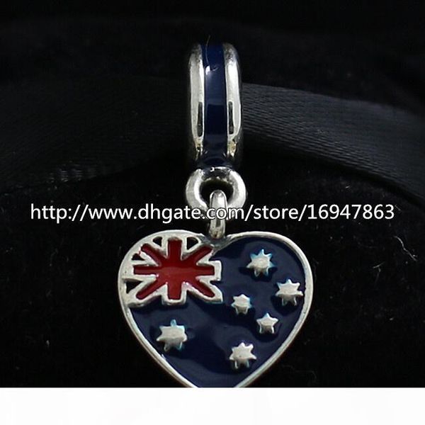 

s925 sterling silver australian heart flag dangle charm bead with enamel fits european pandora jewelry bracelets necklaces & pendant, Black